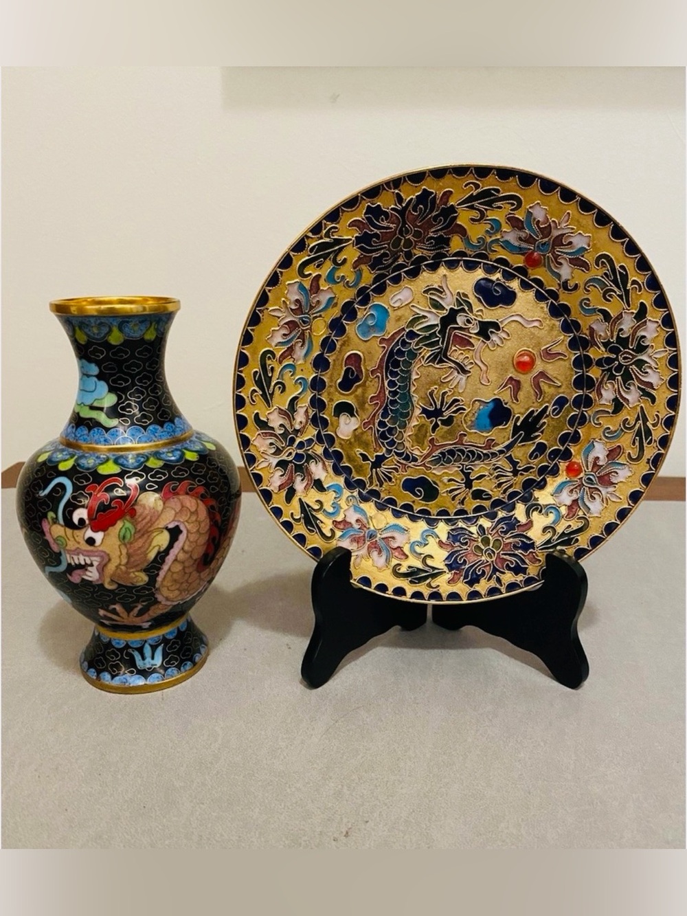 Vintage Cloisonné Vase & Plate with Dragon Motif Enamel and Brass, China, 6 inch